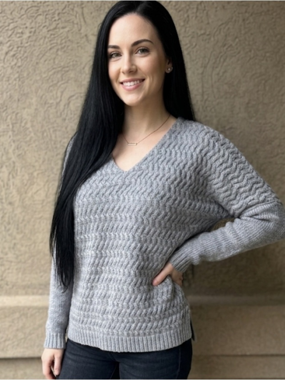 Lafayette 148 New York Light Gray V-Neck Cable Knit Sweater